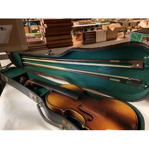 820 - A CASED VIOLIN AND TWO BOWS