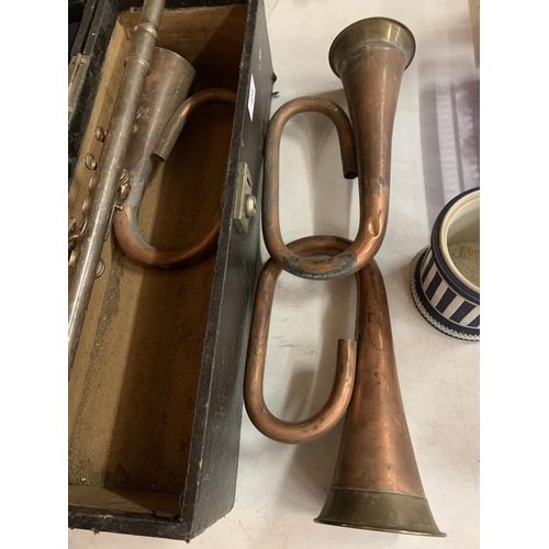 835 - A BUFFET FLUTE AND THREE BUGLE PARTS IN A WOODEN CASE