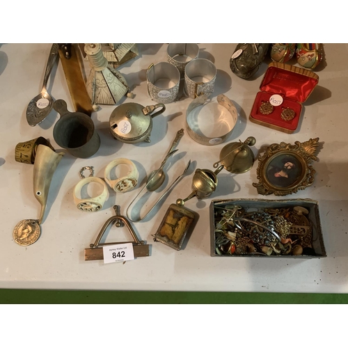 842 - A LARGE COLLECTION OF WOODEN AND METAL ITEMS TO INCLUDE GLASS MARBLES, MINIATURE SHOES, BOX OF COSTU... 