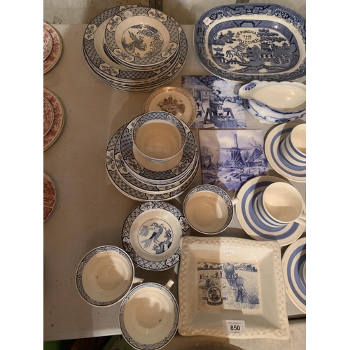 850 - A LARGE COLLECTION OF BLUE AND WHITE CHINA TO INCLUDE DELFT WINDMILL FLASK, WOOD & SONS YUAN, GARRIG... 