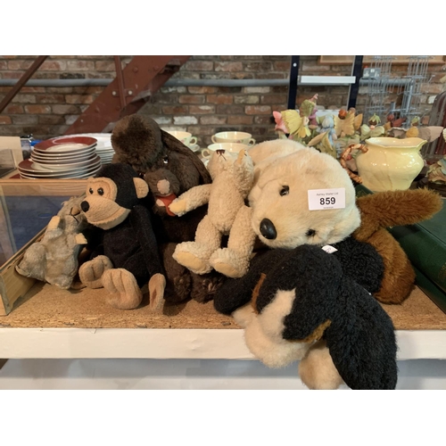 859 - VARIOUS SOFT TOYS TO INCLUDE A MONKEY, ANDREX DOG, POODLE ETC