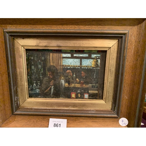 861 - THREE WOODEN FRAMED OIL ON BOARD PAINTINGS OF PUB INTERIORS