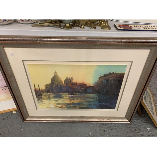 893 - FOUR FRAMED PRINTS INCLUDING ONE LARGE DEPICTION OF A RIVER SCENE AT DUSK