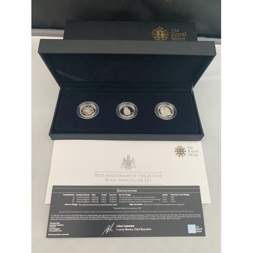 309 - A BOXED 2013 ROYAL MINT BRITANNIA SILVER SET OF 3 POUND COINS WITH CERTIFICATE