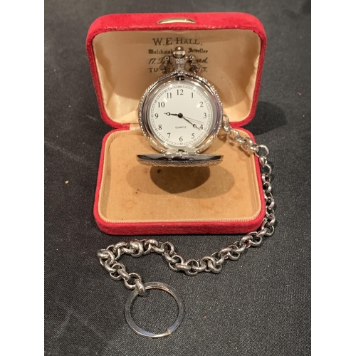 545 - A WHITE METAL POCKET WATCH WITH CHAIN