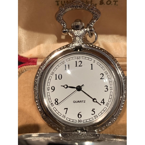 545 - A WHITE METAL POCKET WATCH WITH CHAIN