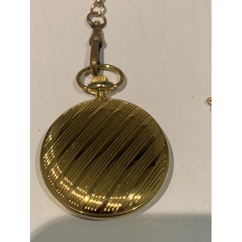 559 - A YELLOW METAL POCKET WATCH AND CHAIN