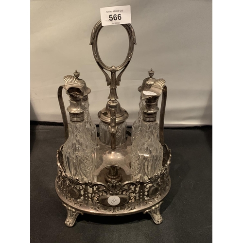 566 - A SILVER PLATED CRUET SET ON A STAND