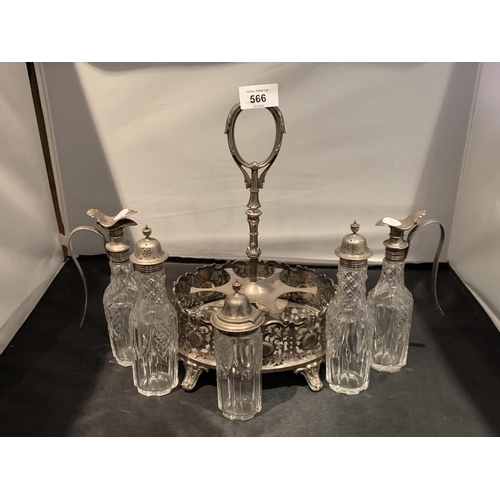 566 - A SILVER PLATED CRUET SET ON A STAND