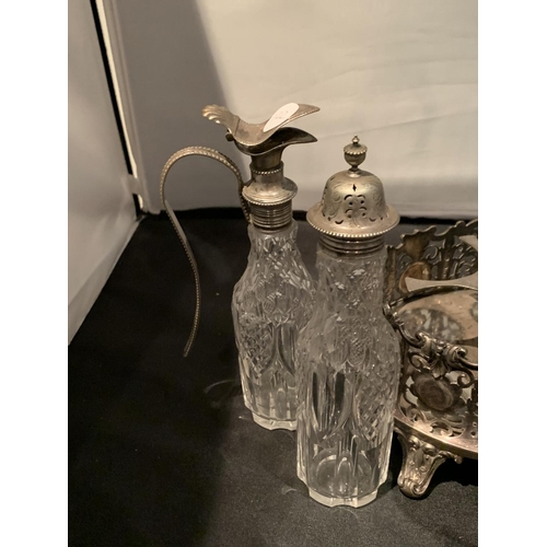 566 - A SILVER PLATED CRUET SET ON A STAND