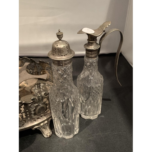 566 - A SILVER PLATED CRUET SET ON A STAND