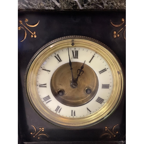 11 - A POLISHED SLATE AND MARBLE VICTORIAN EIGHT DAY MANTLE CLOCK