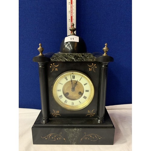 11 - A POLISHED SLATE AND MARBLE VICTORIAN EIGHT DAY MANTLE CLOCK