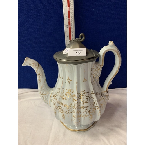 12 - A STAFFORDSHIRE STONEWARE 'SMEAR GLAZE' COFFEE POT WITH METAL HINGED LID AND GOLD PAINTED DETAIL C. ... 