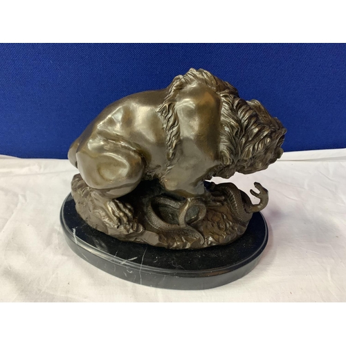 2 - A SIGNED BRONZE OF A LION AND SNAKE