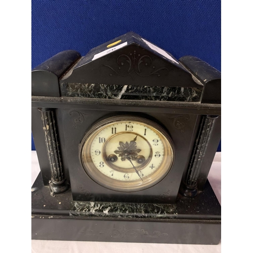 26 - A VINTAGE POLISHED SLATE AND MARBLE MANTLE CLOCK