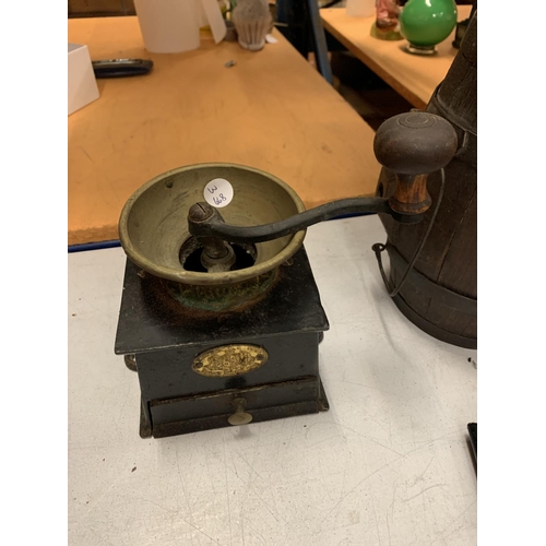 35 - A TRIO OF VINTAGE WOODEN AND BRASS WARETO INCLUDE A BRANDY BARREL AND COFFEE GRINDER