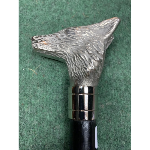 44 - A DARK WOODEN WALKING STICK WITH A SILVER PLATE WOLF'S HEAD HANDLE