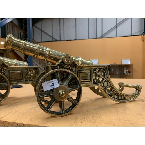 53 - A LARGE PAIR OF BRASS CANNONS 6.5K EACH