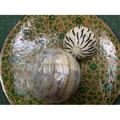 60 - A VINTAGE PAPIER MACHE BOWL, A MOTHER OF PEARL GLOBE, BONE GLOBE AND SHIP