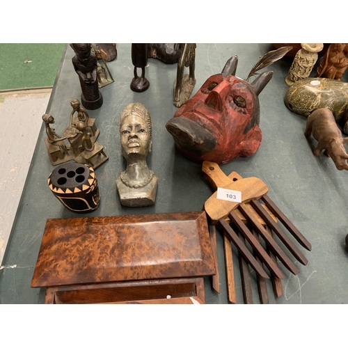 103 - AN ASSORTMENT OF CARVED ITEMS TO INCLUDE AFRICAN FIGURINES ETC