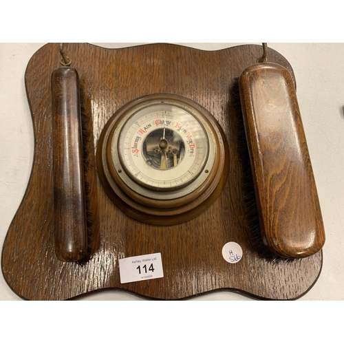 114 - THREE WOODEN MANTLE CLOCKS AND A WOODEN BAROMETER