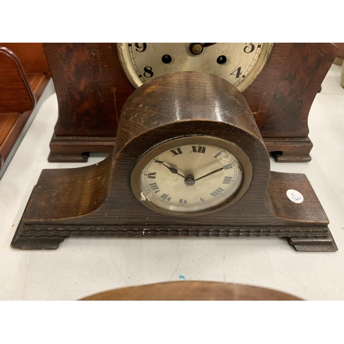 114 - THREE WOODEN MANTLE CLOCKS AND A WOODEN BAROMETER