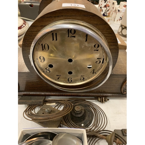 131 - A SELECTION OF THREE WOODEN MANTEL CLOCKS WITH WEIGHTS