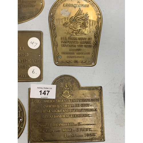 147 - FIVE BRASS PLAQUES TO INCLUDE 'BEWARE OF THE DOG'