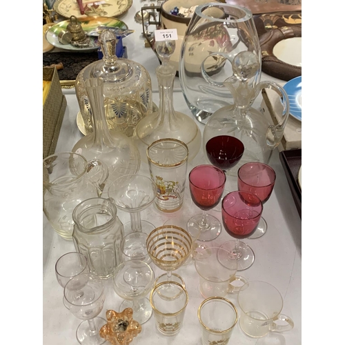 151 - A QUANTITY OF ASSORTED GLASSSWARE TO INCLUDE DECANTERS ETC