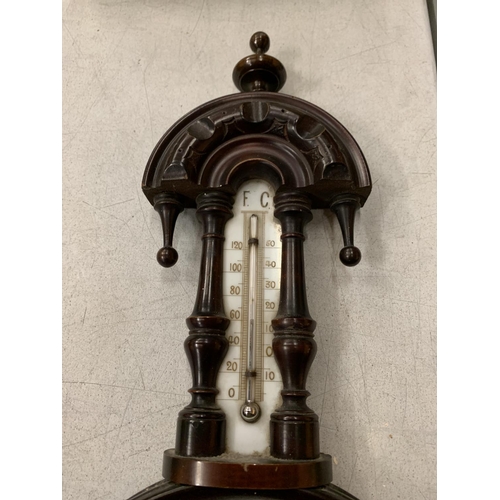 163 - A VINTAGE WOODEN BAROMETER WITH INCORPORATED THERMOMETER GLASS A/F