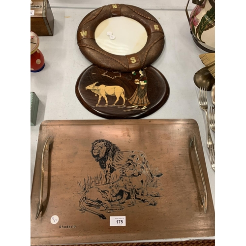 175 - A NAUTICAL LIFE BUOY FRAME, A WOODEN PLAQUE AND A RHODESIAN COPPER TRAY WITH HANDLES