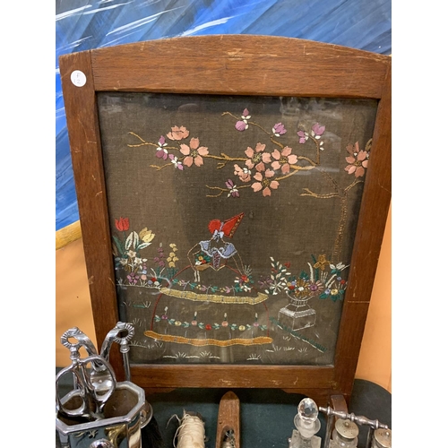 184 - AN ECLECTIC ASSORTMENT OF VARIOUS ITEMS TO INCLUDE BRASSWARE AND A VINTAGE EMBROIDERED FIRE SCREEN E... 