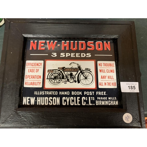 185 - A WOODEN FRAMED ADVERTISING SIGN FOR THE NEW HUDSON CYCLE COMPANY LIMITED