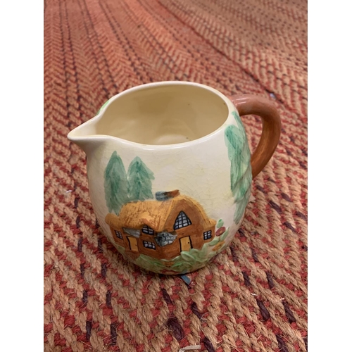 201 - A BURLEIGH WARE DECORATIVE JUG DEPICTING A REPRODUCTION OF 'OLD FEEDING TIME' AND A HAND PAINTED SHO... 