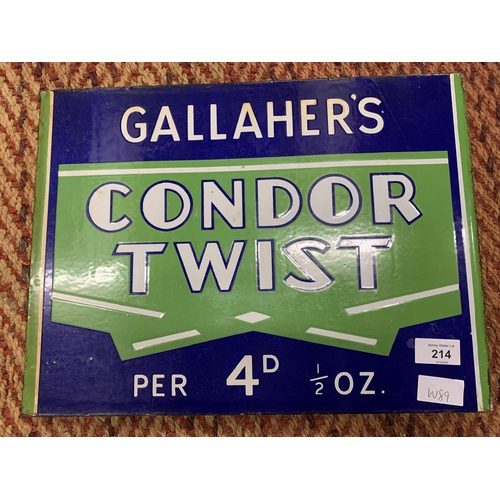 214 - A VINTAGE ENAMEL DOUBLE SIDED SIGN, 