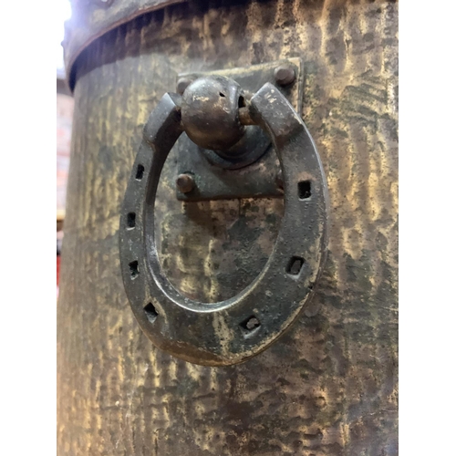 221 - A BRASS LIDDED COAL BUCKET WITH HORSESHOE HANDLES