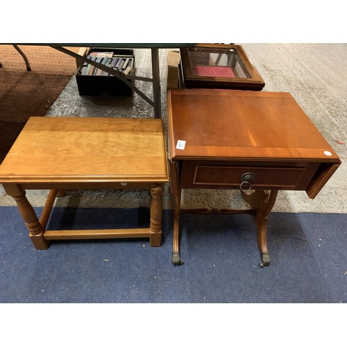 230 - A PINE SIDE TABLE WITH DECORATIVE UNICORN DETAIL AND A WOODEN DROPPED LEAF TABLE WITH CLAW FEET CAST... 