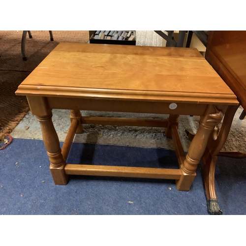 230 - A PINE SIDE TABLE WITH DECORATIVE UNICORN DETAIL AND A WOODEN DROPPED LEAF TABLE WITH CLAW FEET CAST... 