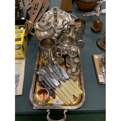 66 - AN ASSORTMENT OF SILVER PLATED ITEMS TO INCLUDE TRAYS, FLATWARE ETC