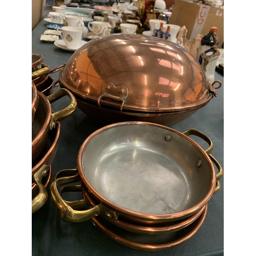 81 - A VINTAGE COPPER WOK AND TWELVE BRASS AND COPPER BALTI DISHES