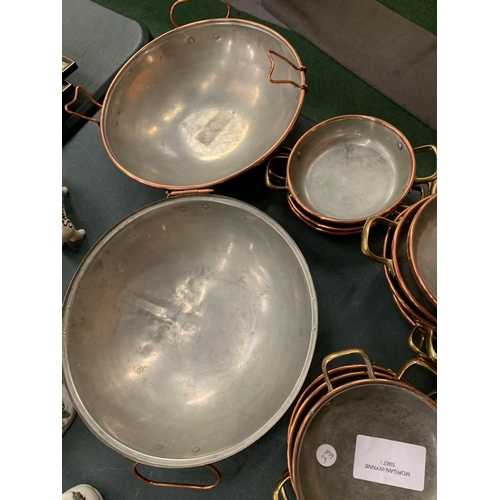 81 - A VINTAGE COPPER WOK AND TWELVE BRASS AND COPPER BALTI DISHES