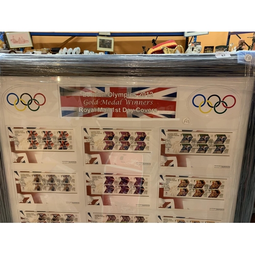 87 - A LARGE FRAMED COLLECTION OF ROYAL MAIL FIRST DAY COVERS OF GOLD MEDAL WINNERS AT THE  LONDON OLYMPI... 