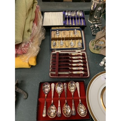 92 - A QUANTITY OF FLATWARE AND COLLECTABLES TO INCLUDE CAKE KNIVES AND FORKS, THIMBLES ETC