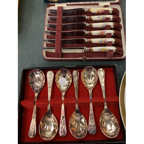 92 - A QUANTITY OF FLATWARE AND COLLECTABLES TO INCLUDE CAKE KNIVES AND FORKS, THIMBLES ETC