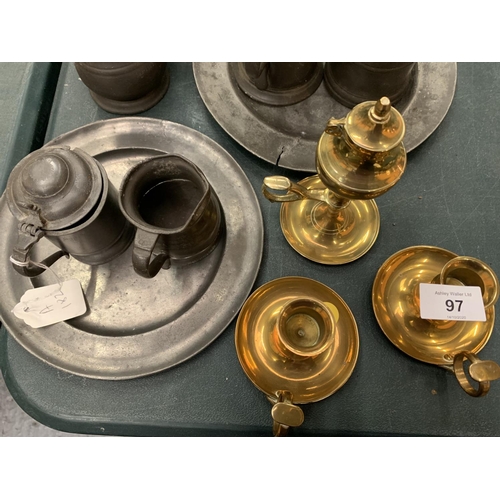 97 - AN ASSORTMENT OF PEWTER AND BRASS ITEMS ETC