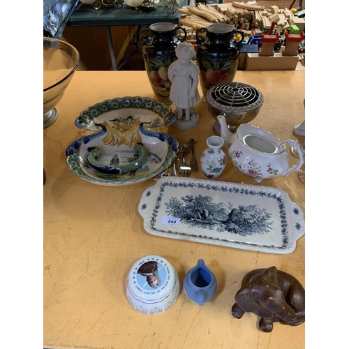 249 - AN ASSORTMENT OF CERAMIC WARE TO INCLUDE A PAIR OF VASES AND A SILVERPLATED ROSE BOWL ETC