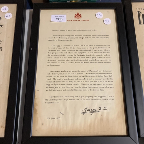 266 - A FRAMED LETTER FROM BUCKINGHAM PALACE SIGNED BY GEORGE R I