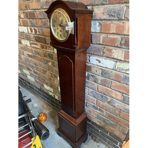 273 - A MAHOGANY GRANDDAUGHTER CLOCK (GLASS A/F)