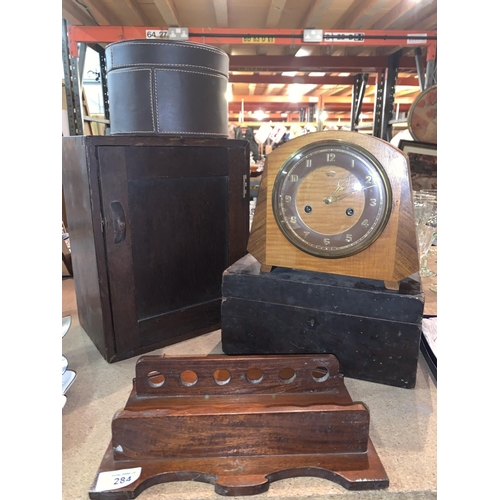 284 - A SELECTION OF WOODEN ITEMS TO INCLUDE A SMALL WALL CUPBOARD AND A HINGED BOX